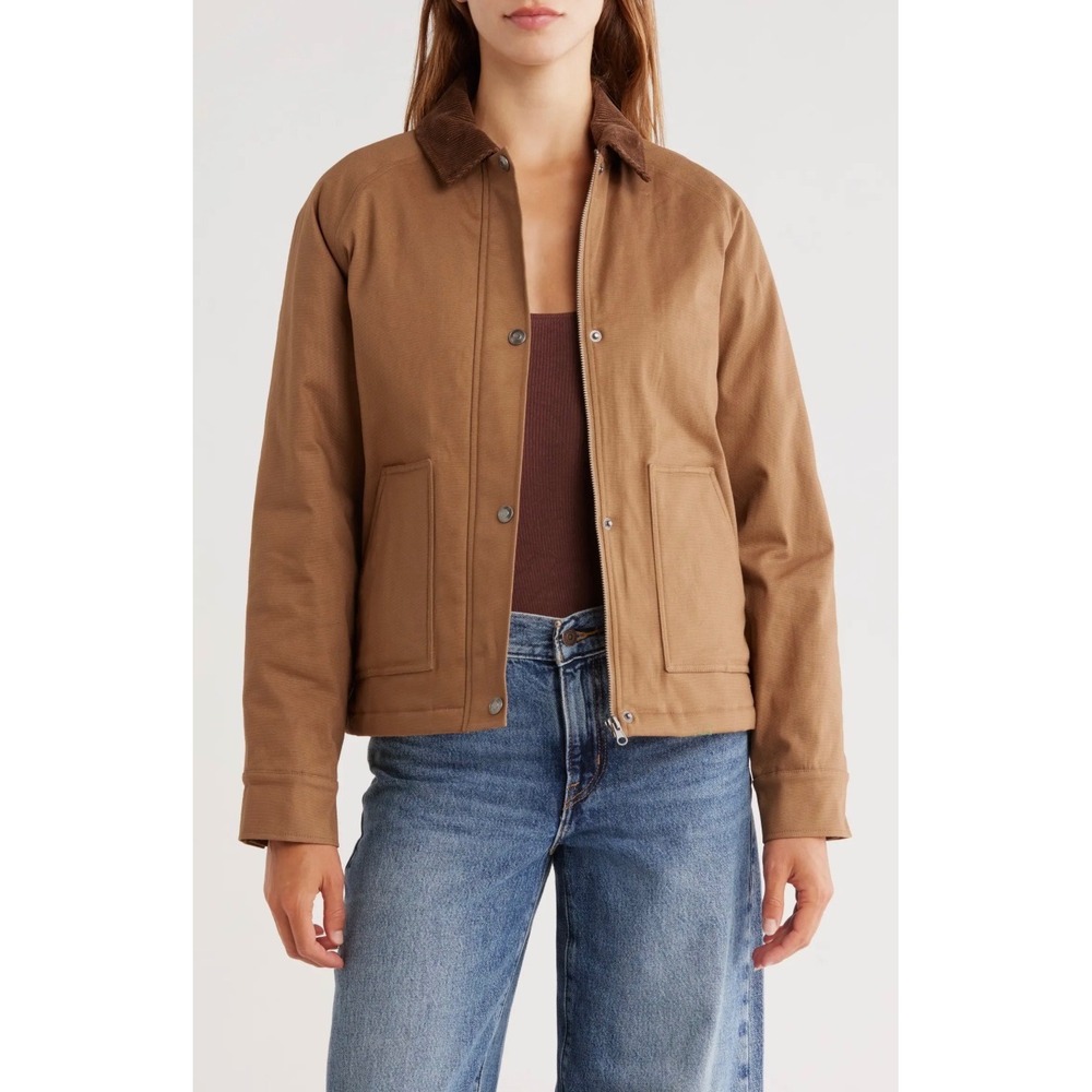 Thread & Supply Barn Jacket Women Large Khaki Tan Corduroy Collar Insulated